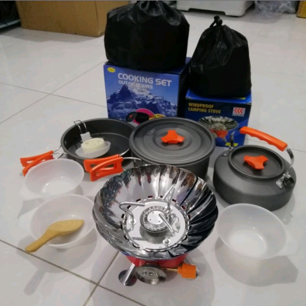 Cooking Set Plus Teko DS-308 &amp; Kompor Mawar Nesting Ceret Camping Outdor