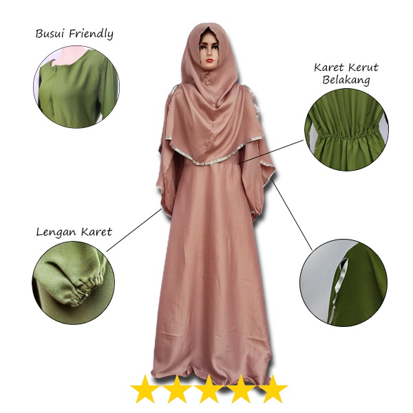 Set Gamis Syari Setelan Khimar Jumbo Syari Free Cadar Bahan Wollycrepe Fit to XXL Gamis Muslim Busui Friendly Good Quality