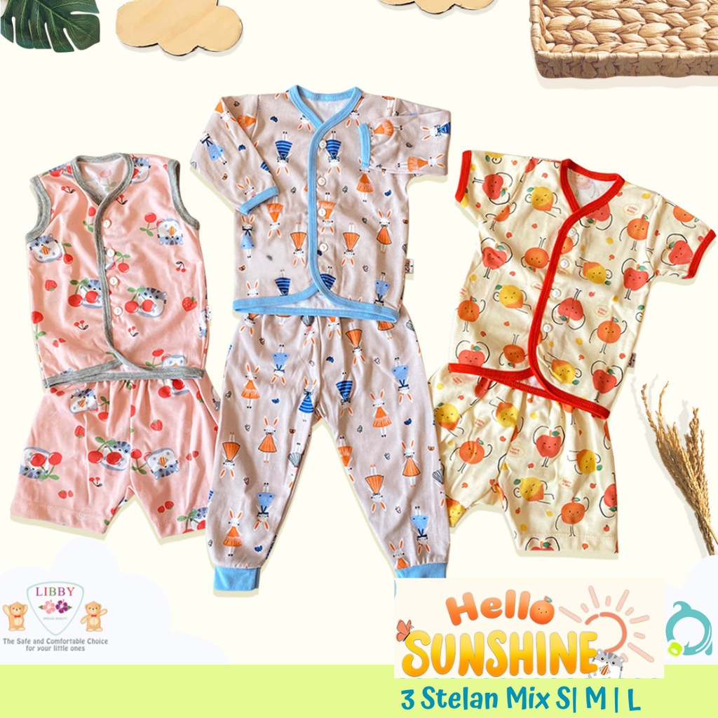 LIBBY 3 Setelan ( 3 Baju &amp; 3 Celana) Panjang / Pendek / Kuntung # Motif  Hello Sunshine # Size S / M / L