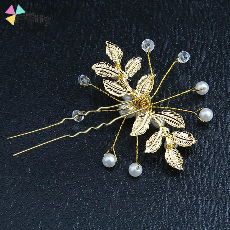 Jepit Rambut Mutiara Wanita U Desain Daun Aksen Untuk Fashion Korea Pernikahan Tiara - PD