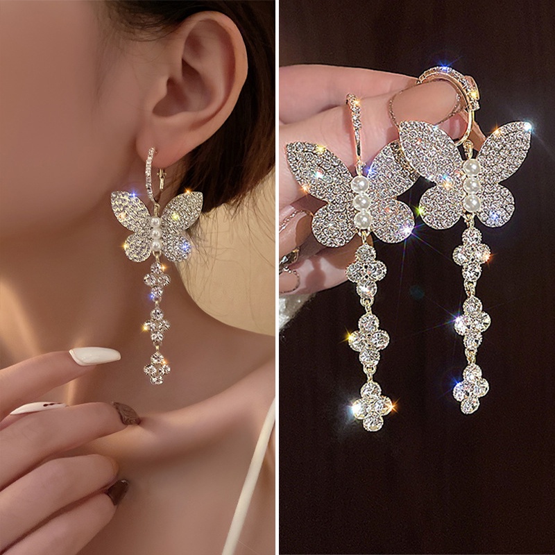 Anting Rumbai Desain Kupu-Kupu Aksen Mutiara Imitasi Gaya Korea Untuk Wanita