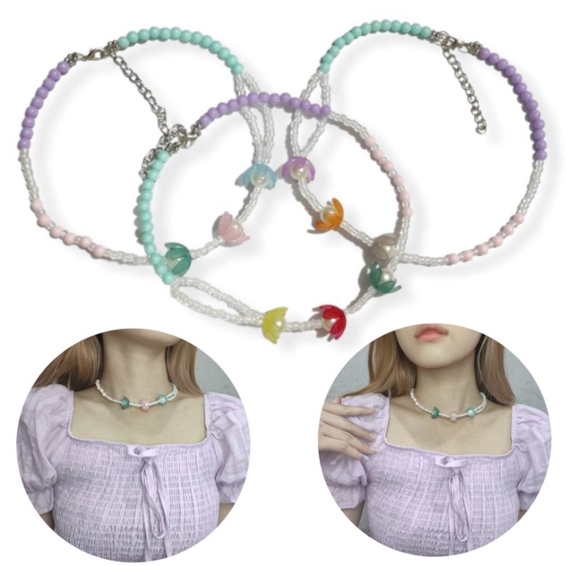 Ivanna Flowery Beads Necklace Colorful Kalung Kelopak Bunga Aesthetic Korea Mutiara Pearl Warna Warni
