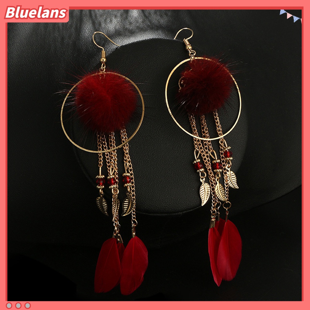 Anting Kait Gantung Panjang Desain Daun + Bulu Untuk Wanita