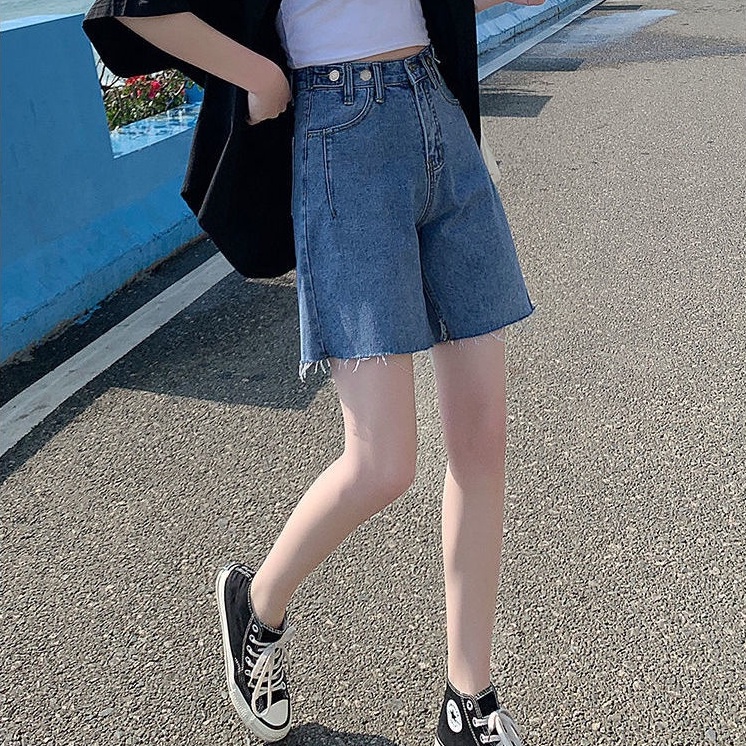 New Biru Highwaist kasual Korean Fashion Rawis Celana Jeans Pendek Wanita