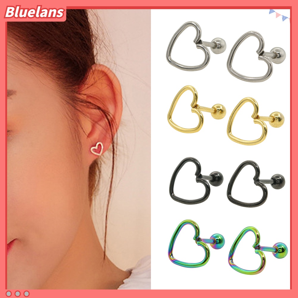 Anting Stud Tindik Bentuk Hati Model Hollow Bahan Stainless Steel Gaya Punk Untuk Wanita