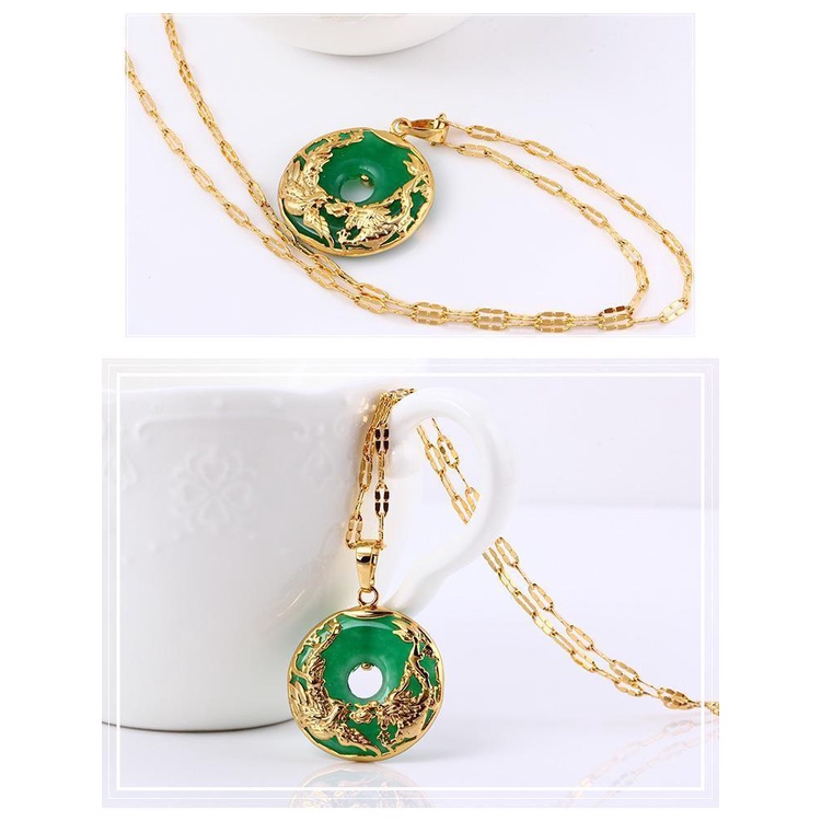 Goldkingdom Fashion Perhiasan Emas Asli Kadar 375 Bangkok Aksesoris Ready Stock Mendominasi Kalsedon Hijau Liontin Perempuan Naga Dan Phoenix Chengxiang Emas Bertatahkan Giok Kalung