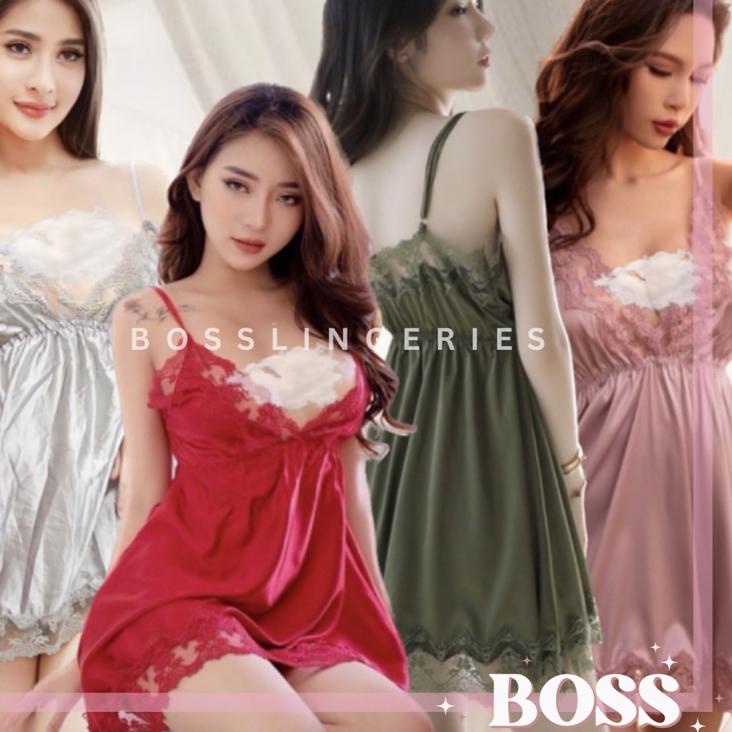 {BDR.18Oc22ѕ} zu9070 Babydoll Clubbing Dress Lingerie Sleepwear Satin Upper Hem Lace Merah Hitam Dus
