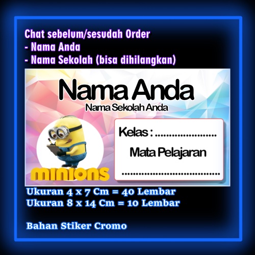 

Stiker Label Buku Minion Minions kuning kartun lucu Karakter Lucu Custom Lebel Nama cromo murah 20 Varian berbeda Sticker Pelajaran Mapel buku anak sekolah Vol 4