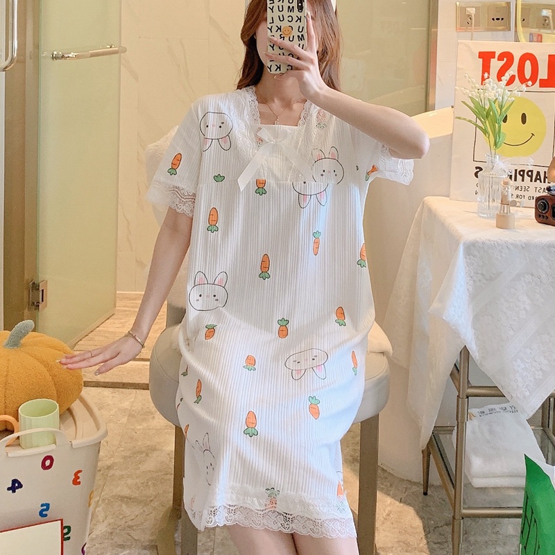 MURHOL Baju Daster Renda Lengan Pendek Wanita Besar Baju Tidur Piyama Motif Karakter Baju Rumah Lucu