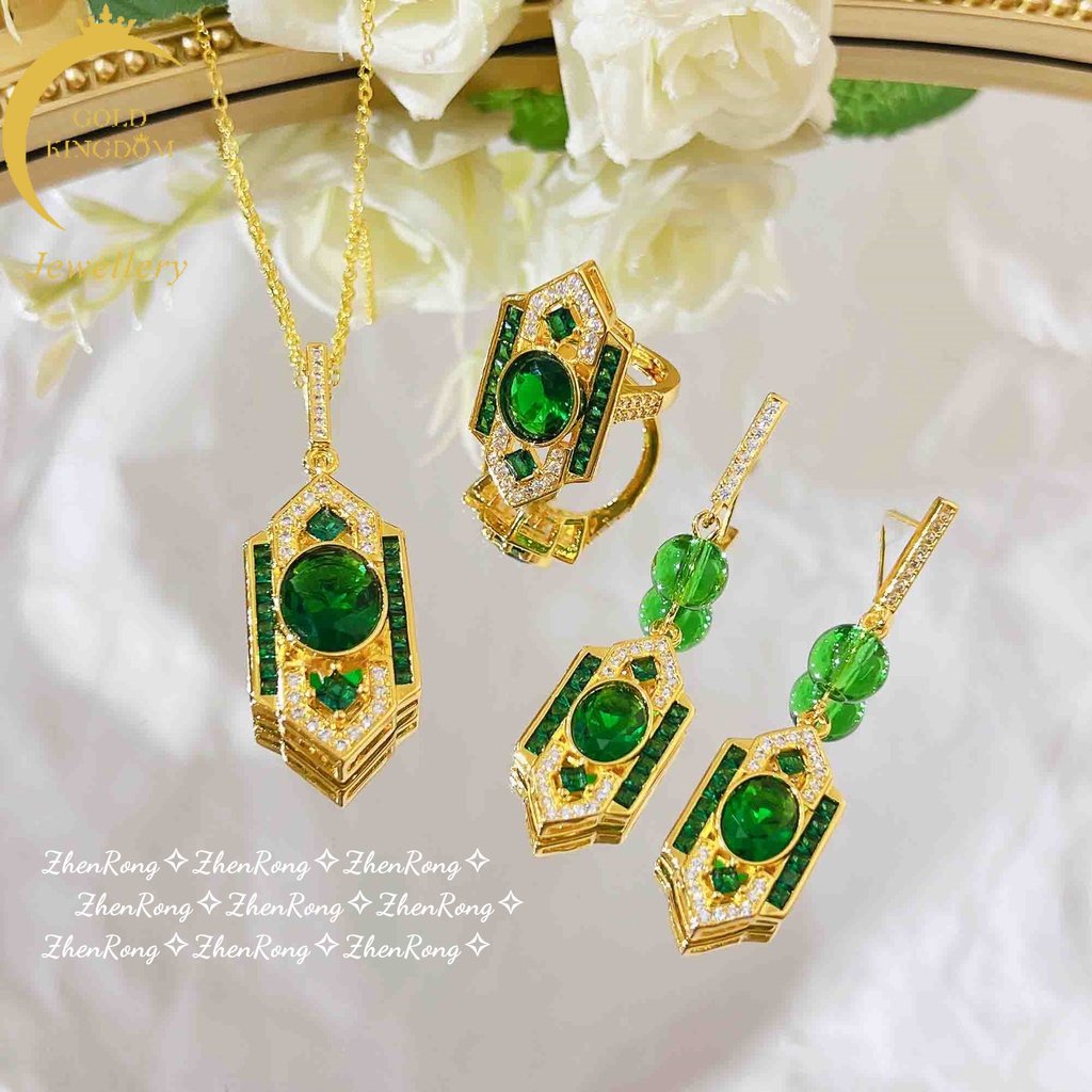 Goldkingdom Perhiasan Fashion Emas Asli Kadar 375 Bangkok Aksesoris Ready Stock Klasik Art Deco Style Suit Emerald Pendant Cincin Berlian Hijau Anting