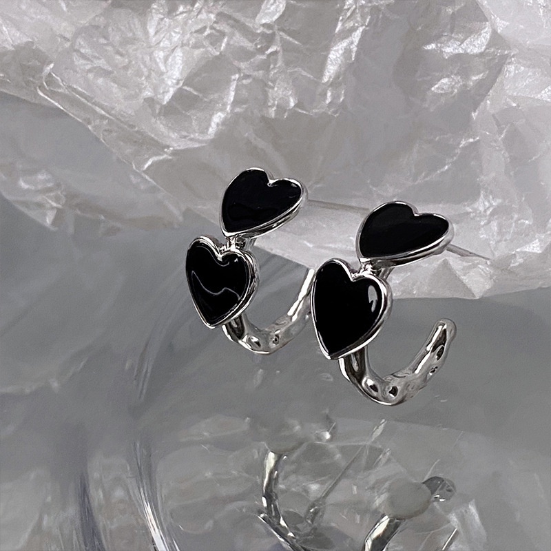 Roselife Anting Tusuk Gantung Bahan Sterling Silver 925 Desain Hati Hitam Gaya Keren / Punk Untuk Wanita