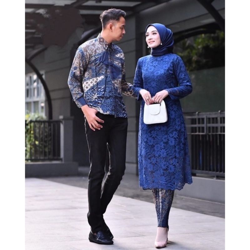 Permata Olshop / Setelan Kebaya Tunik Brukat Couple Kemeja Batik / Kebaya Couple Tunangan / Kebaya Lamaran Couple Batik / Serimbit Kebaya Modern