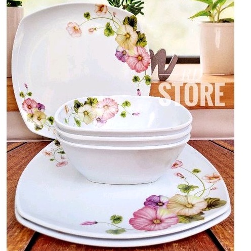 PROMO SET 6.PCS ISI 3.PIRING KOTAK SAJI 3.MANGKOK KOTAK MELAMINE MOTIF ROSE