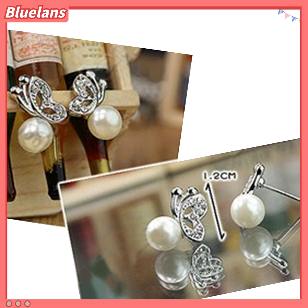 Anting Bentuk Kupu-Kupu Aksen Berlian Imitasi Dan Mutiara Untuk Wanita