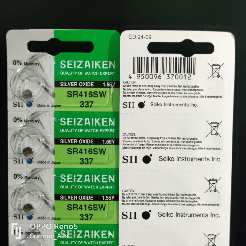 ORIGINAL Baterai Jam SEIZAIKEN SR416SW 337 SR 416 SW 337 JAPAN 1.55V Silver Oxide Batre Batrai Battery Seiko Instruments Inc