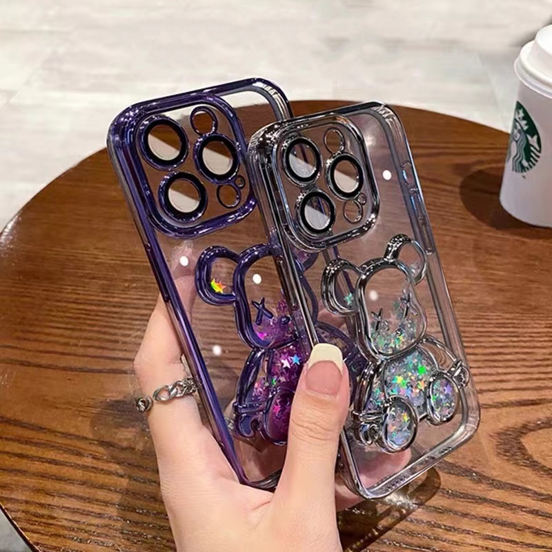 IPHONE Kualitas Tinggi Plating Pasir Hisap Violent Bear Phone Case Iphone14 13 12 11 14 Pro max Lembut Transparan shockproof Dengan Lensa film Untuk Mencegah Jatuh Casing