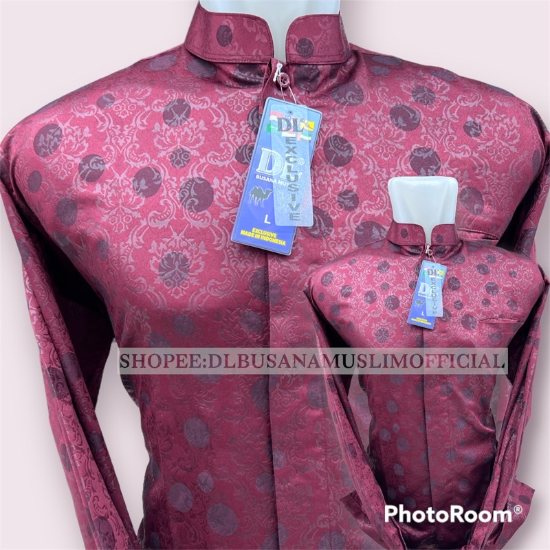 Baju Koko DL Motif Bola, Baju Muslim DL, Baju Muslim Koko Pria Lengan Panjang Warna Merah Hati/Maroo