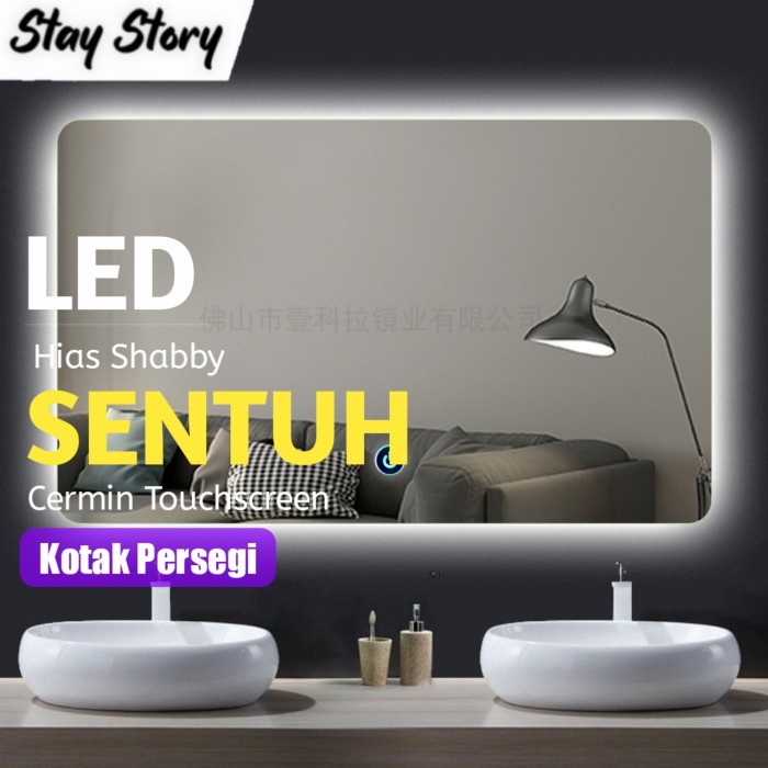 Kamar Mandi Cermin Wastafel Kamar Mandi Led Touch Screen Kaca Toilet Persegi Besar