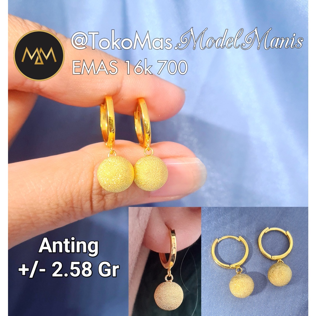 Anting Jepit gantung bola pasir emas kuning 700 kadar 16k