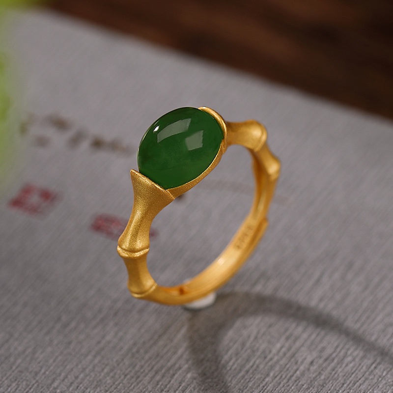 Cincin Bahan Bambu Giok Hetian Alami Gaya vintage Untuk Wanita