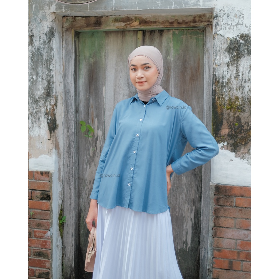 KEMEJA WANITA POLOS LENGAN PANJANG WANITA KATUN RAYON LONG SHIRT ORGANIK STEEL BLUE