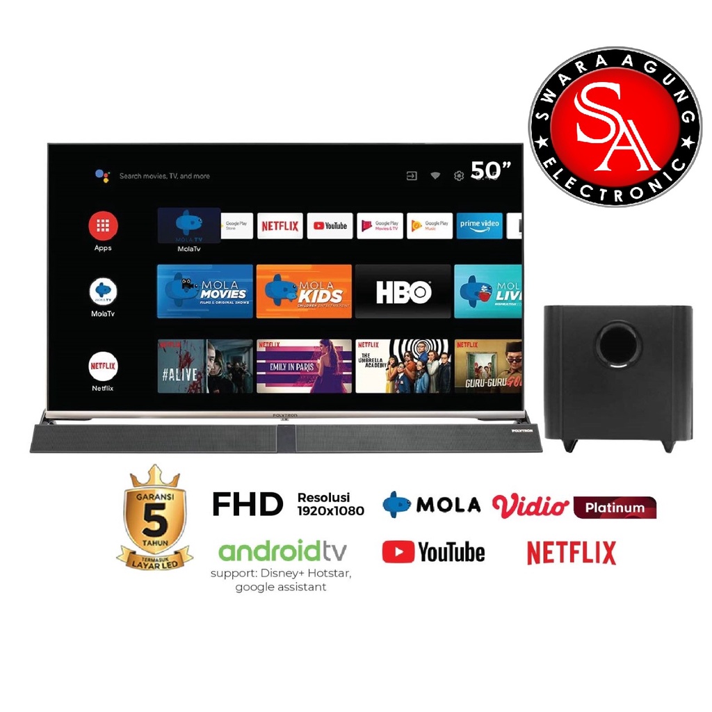 Led UHD Android TV 50 Inch Polytron Free Soundbar Type: 50BUG5959 (Khusus Daerah Medan)