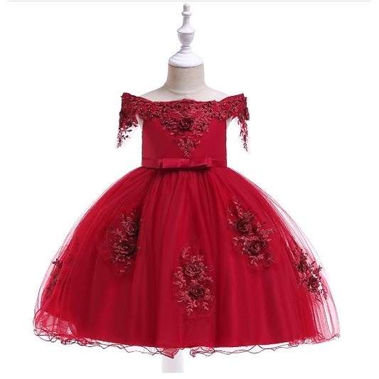 DRESS PESTA ANAK PEREMPUAN IMPORT / baju pesta anak tutu satin L-5057 BRUKAT BUNGA MUTIARA HIGH QUALITY