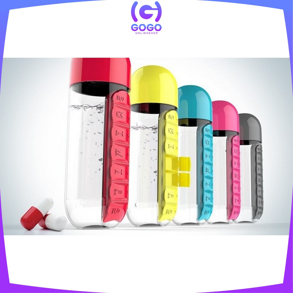 GOGO-C313 Botol Minum 2 IN 1 Botol Air Minum 600ML + Kotak Obat Harian / Botol Minum Obat / Bottle Water Tumbler Outdoor
