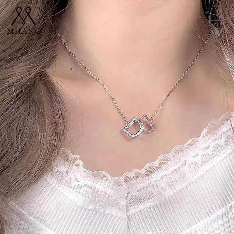 Mhang Kalung Rantai Liontin Hello Kitty Hias Berlian Imitasi Warna Pink Gaya Korea Untuk Wanita
