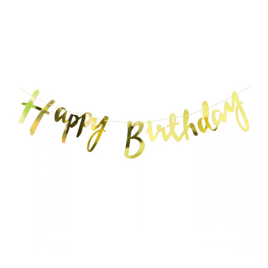 Banner Happy Birthday Gold Tulisan Latin Sambung Selamat Ucapan Ulang Tahun Ultah Pesta Anak Bentuk 