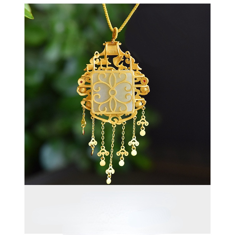 Goldkingdom Fashion Perhiasan Emas Asli Kadar 375 Bangkok Aksesoris Ready Stock Longmen Ikan Melompat Alami Hetian Giok Liontin Berlapis Metode Kuno Emas Retro Kalung Perempuan