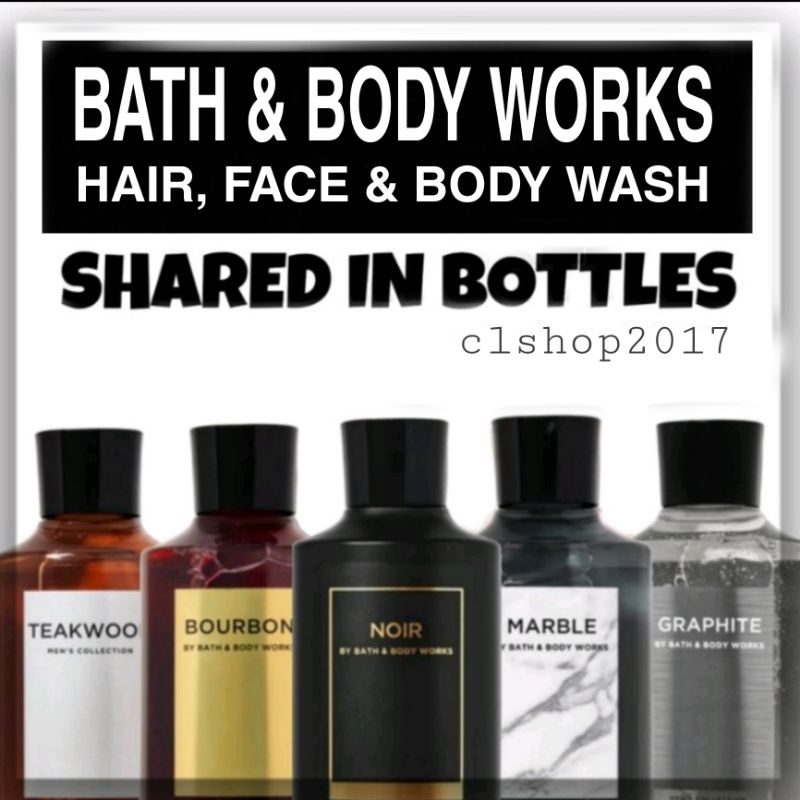 BBW MEN'S WASH 2IN1 3IN1.FACE, HAIR &amp; BODY WASH SHARE IN BOTTLES OF 3 ML &amp; 30 ML MEN SHOWER GEL noir bourbon teakwood oasis marble ocean freshwater hero champion legend clean slate steel saltwater breeze magic in the air mix