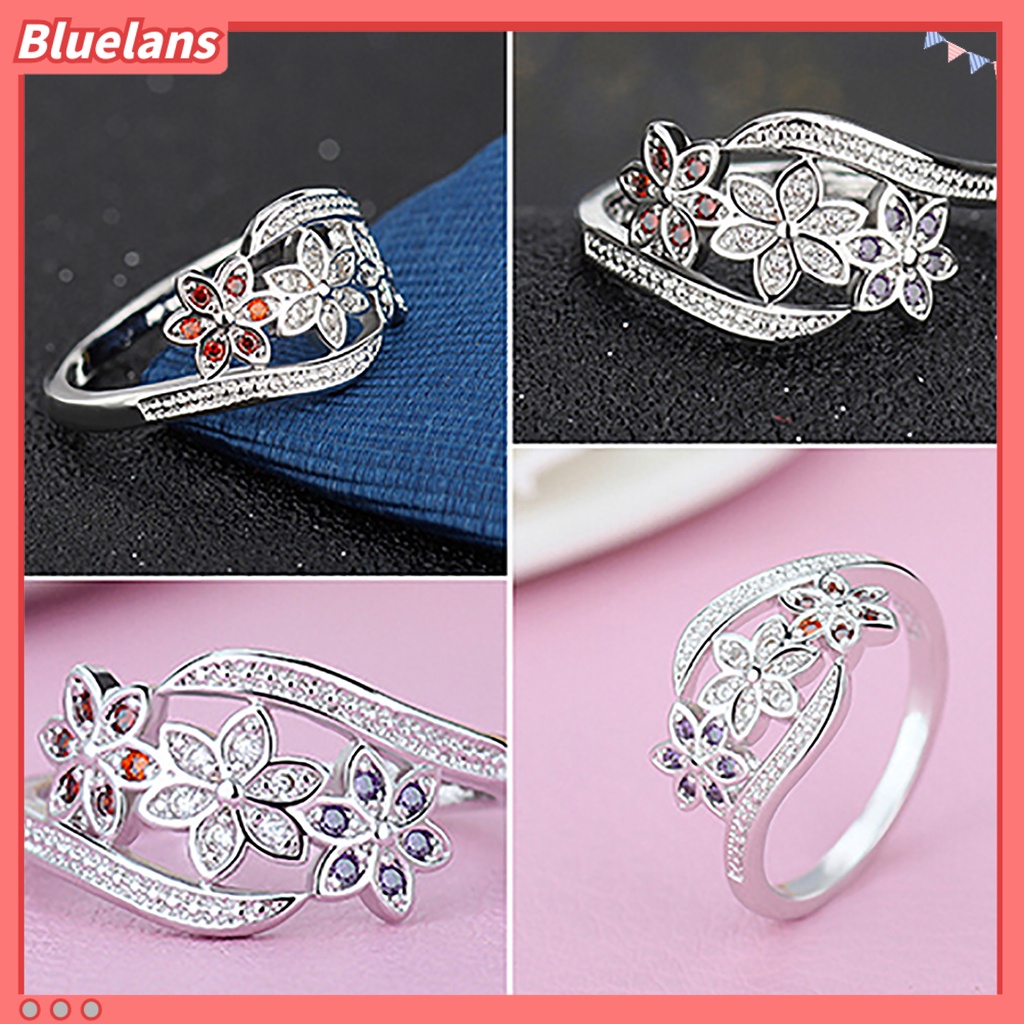 Bluelans Ring Silver Plated Flowers Design Cubic Zirconia Inlaid Shiny Fashion Women Ring