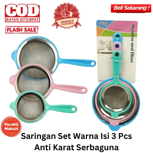 [BISA COD] PROMO Saringan Set Warna Isi 3 Pcs Anti Karat Stainless Serbaguna Saringan Minyak Saringan Tepung Ayakan Tepung Saringan Teh Saringan Kopi Murah Terjangkau