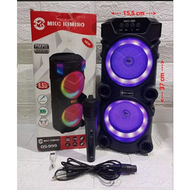 Speaker Bluetooth SQ999 Bonus Mic karaoke Dual Speaker 6,5Inchi X2 Salon Aktif Portable Radio FM wireless Super Bass Lampu Disco Aux memory Card Usb