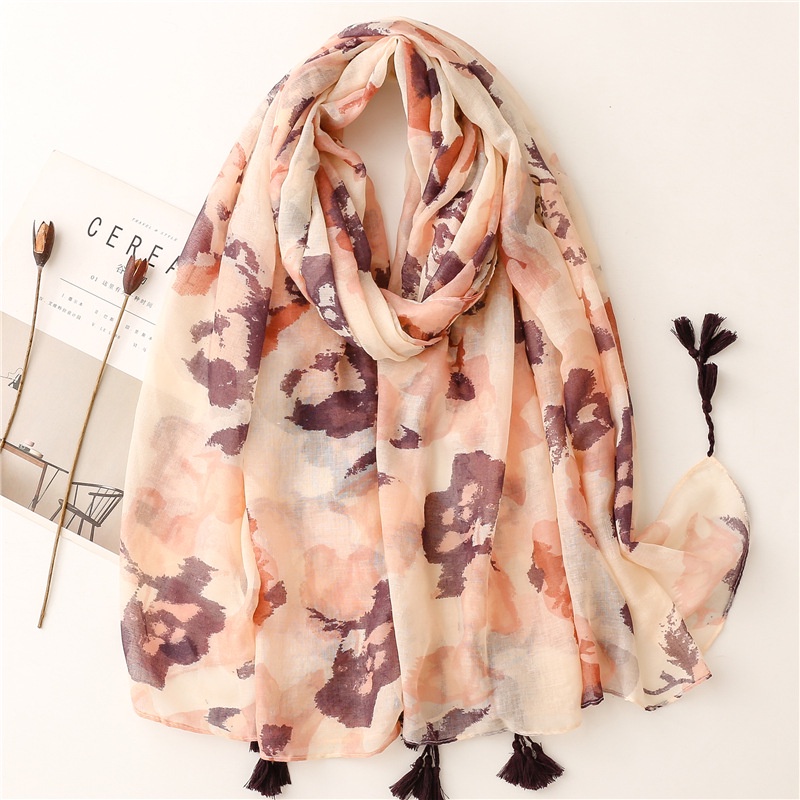 ITSFRIDAY VENA Scraf Premium Scarf Selendang Pashmina Syal Shawl Pasmina Hijab Import Motif Art Flower Cream Tassel