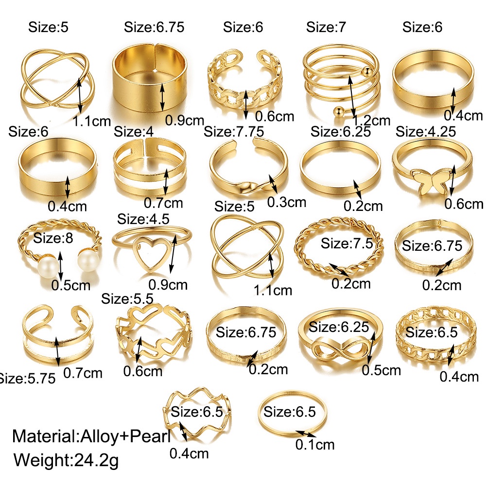 22pcs / set Cincin Bentuk Hati Kupu-Kupu Geometris Aksen Mutiara Warna Emas Gaya vintage boho Untuk Wanita butterfly