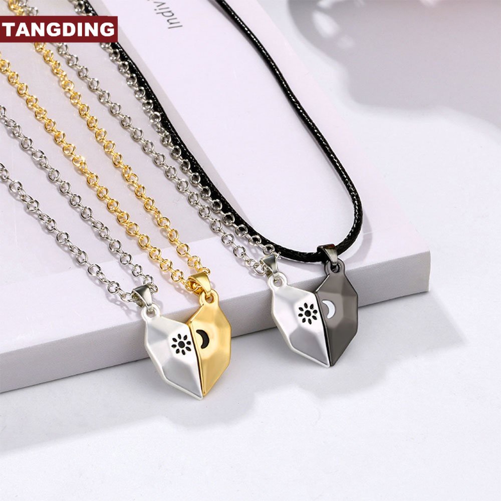 【COD Tangding】2pcs / set Kalung Liontin Magnetik Bentuk Hati Matahari Bulan Untuk Hadiah Hari Valentine