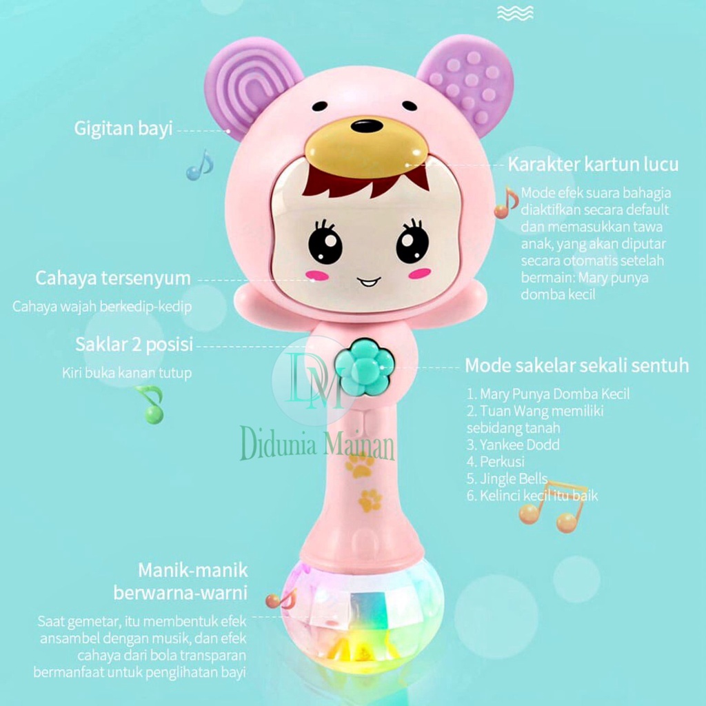 Mainan musik anak bayi tongkat lighting music rattle stick teether silikon