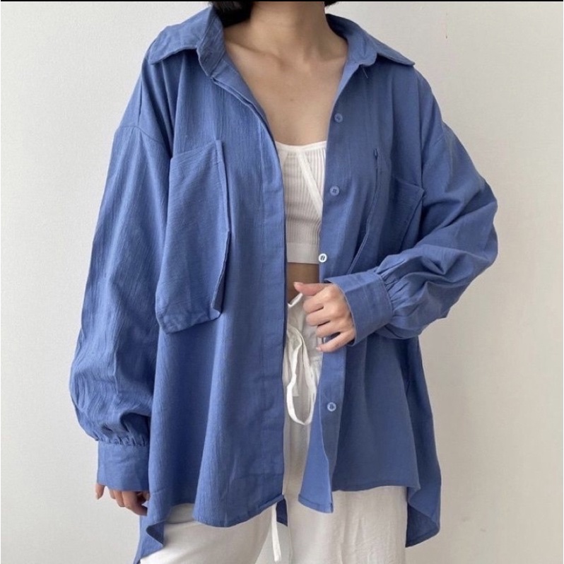 Kemeja Linen Oversize Wanita - Atasan Wanita - Linen Cringkle Shirt