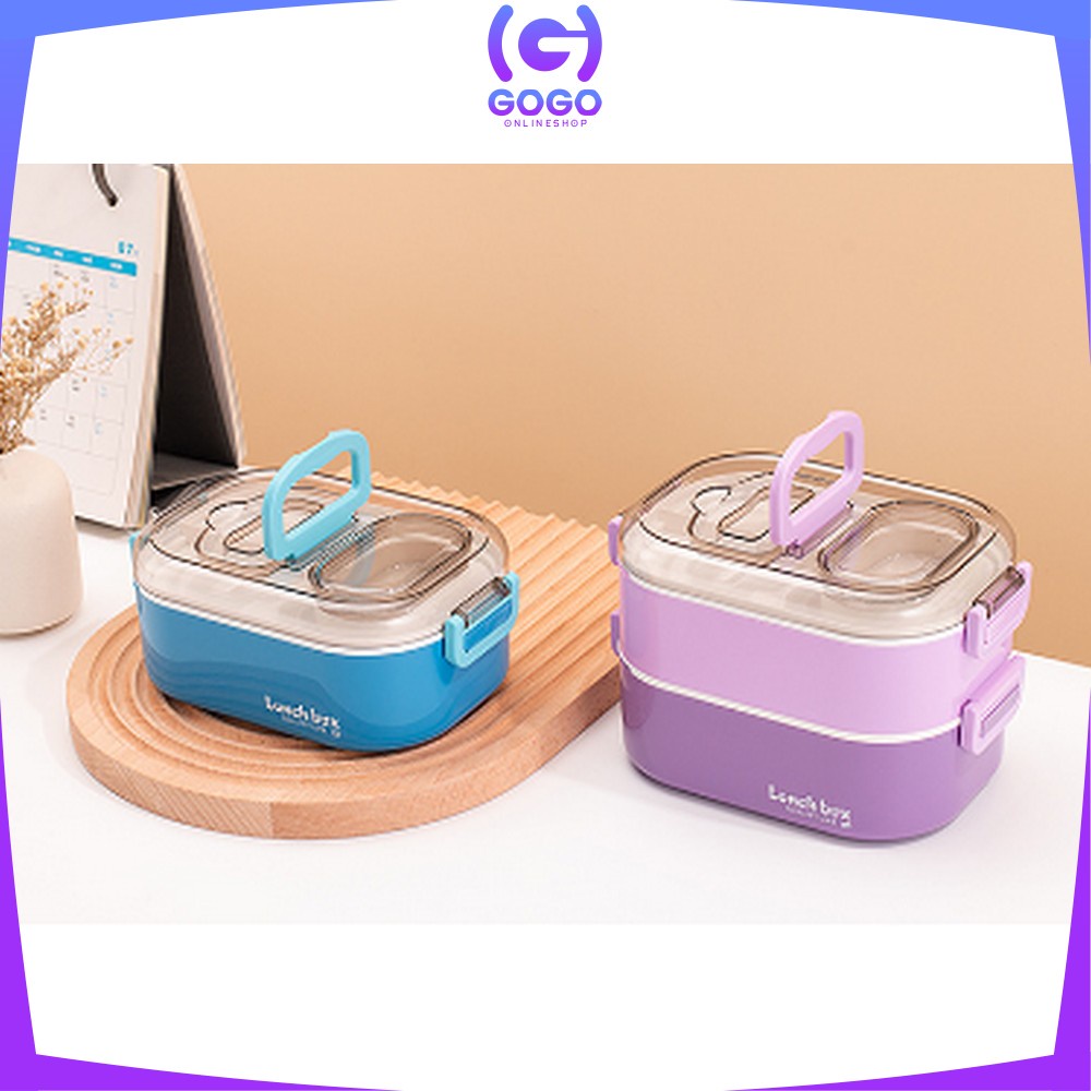 GOGO-C696 Tempat Makan Set 2 Tingkat Anti Tumpah / Lunch Box Susun Free Sendok Portable / Kotak Bento Tingkat Dengan Pegangan Set BPA FREE  VARIASI