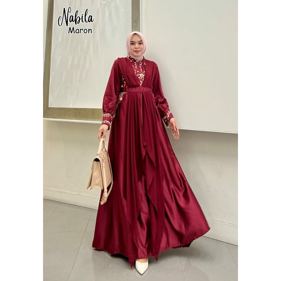 Nabila Maxy, GAMIW PESTA/GAMIS KONDANGAN SUPER CANTIK MEWAH MODIS MURAH FIT XXL LD 110 BAHAN SATIN VELVET MIX CERRUTY BABYDOLL OOTD