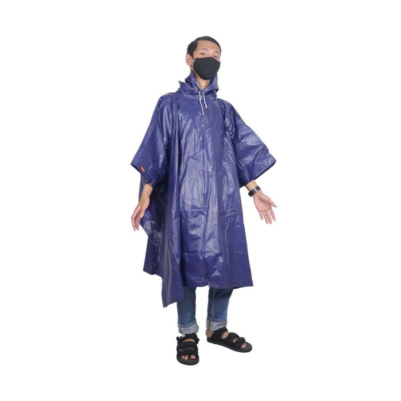 Jas Hujan Ponco Lengan Pendek Pria Dewasa Bahan PVC Awet Tebal Warna Biru Navy Model Terbaru Bagus