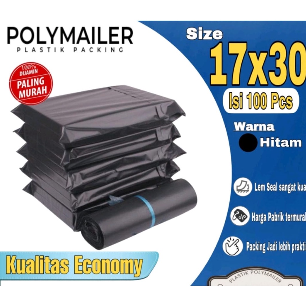 

Plastik Polymailer HD 17x30 +LEM / Plastik packing online shop murah 1pack isi 100pcs/plastik polymailer ada lem / plastik packing 17x30 ada LEM/ Plastik Packing Hitam 17x30 ada LEM