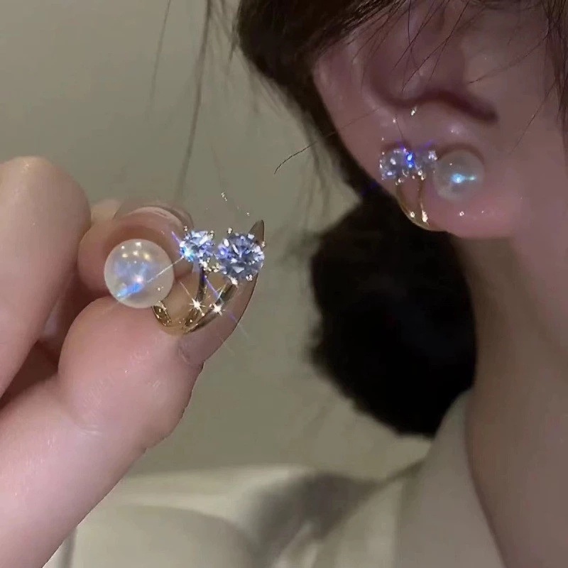 Anting Stud Zircon Mutiara Berlian Imitasi 2 IN 1 Gaya Korea Untuk Wanita