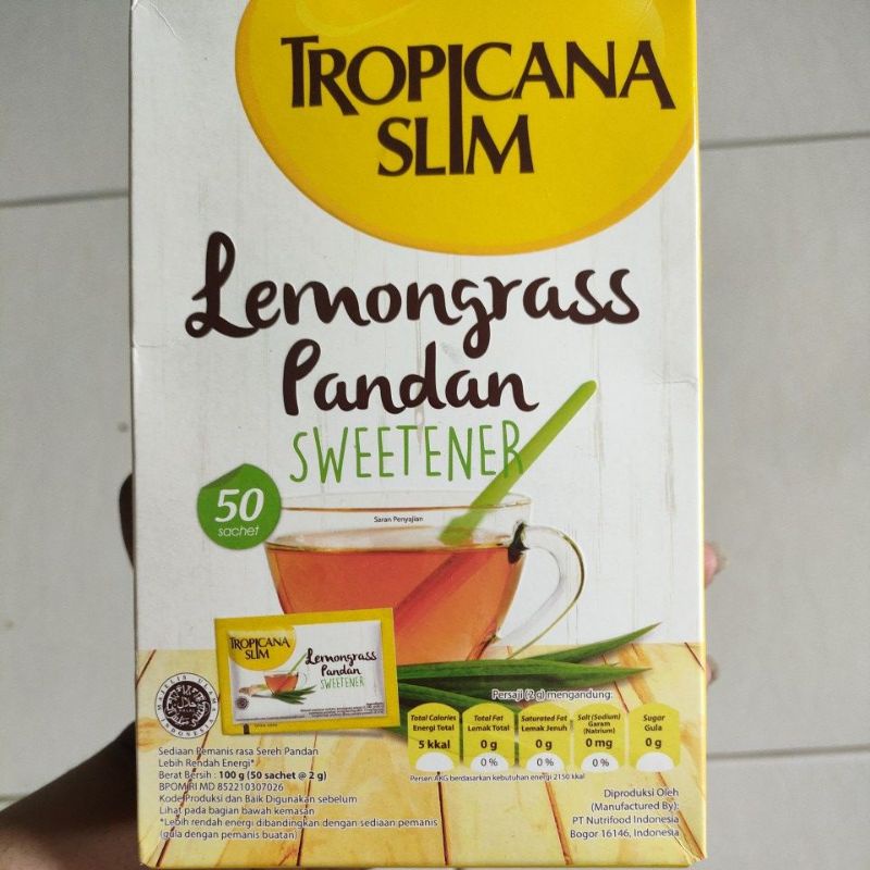 

Tropicana Slim Lemongrass Pandan Sweetener 100g (50 pcs @ 2g)