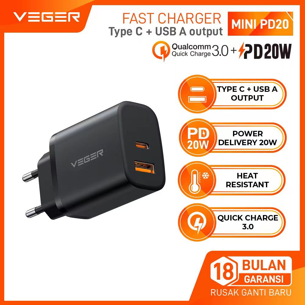 Veger Wall Charger Mini PD20 2 Ports USB Quick Charge QC  3.0 + PD 20W 20Watt