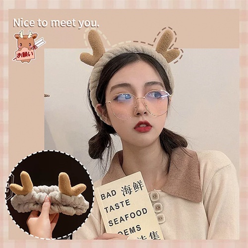 HHAN headband fluffy antler tanduk rusa kecil kain handuk cuci muka facial