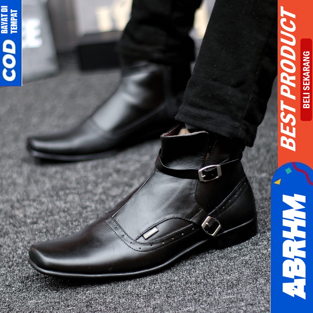 Sepatu Boots Pantofel Kulit Asli Formal Resleting Kerja Hitam Pria Abrhm Pacuan