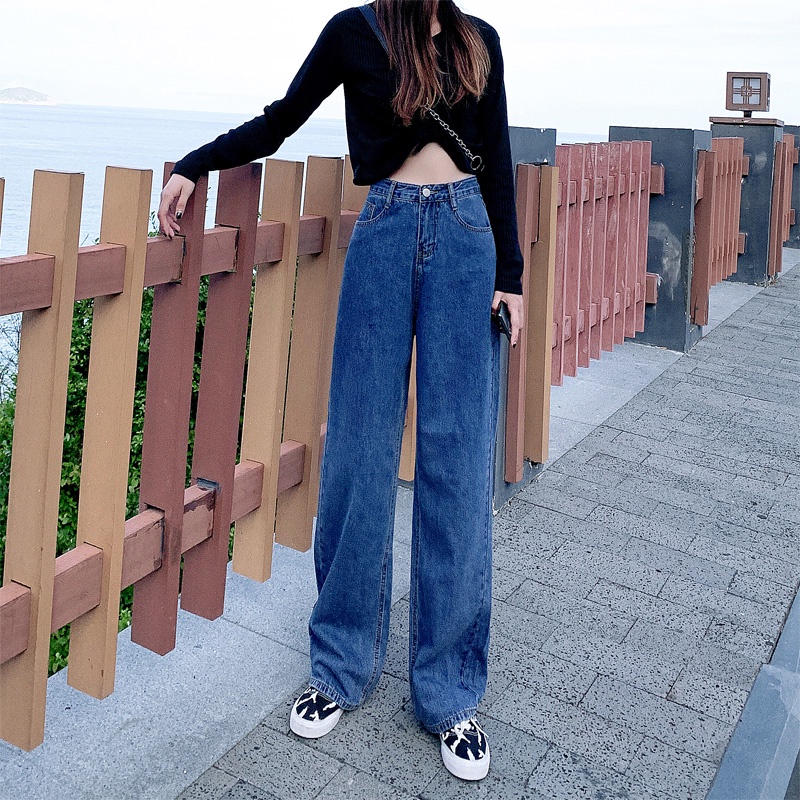 Biru laut Import Highwaist Loose Lebarkaki Celana Jeans Panjang Wanita